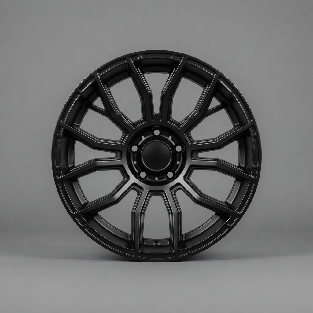 The BMF ENFORCER 22x10 custom wheel, featuring thick, angular spokes and a reinforced rim edge in a stealthy gloss black finish.