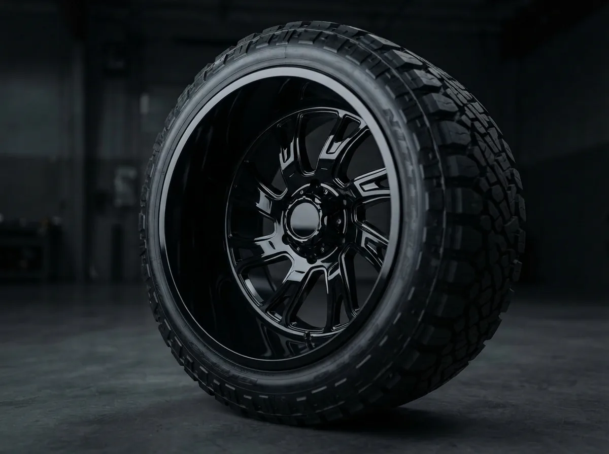 A close-up, detailed view of a BMF Wheels gloss black custom wheel, showcasing its deep-dish design and CNC-milled pockets, mounted on a lifted truck tire.