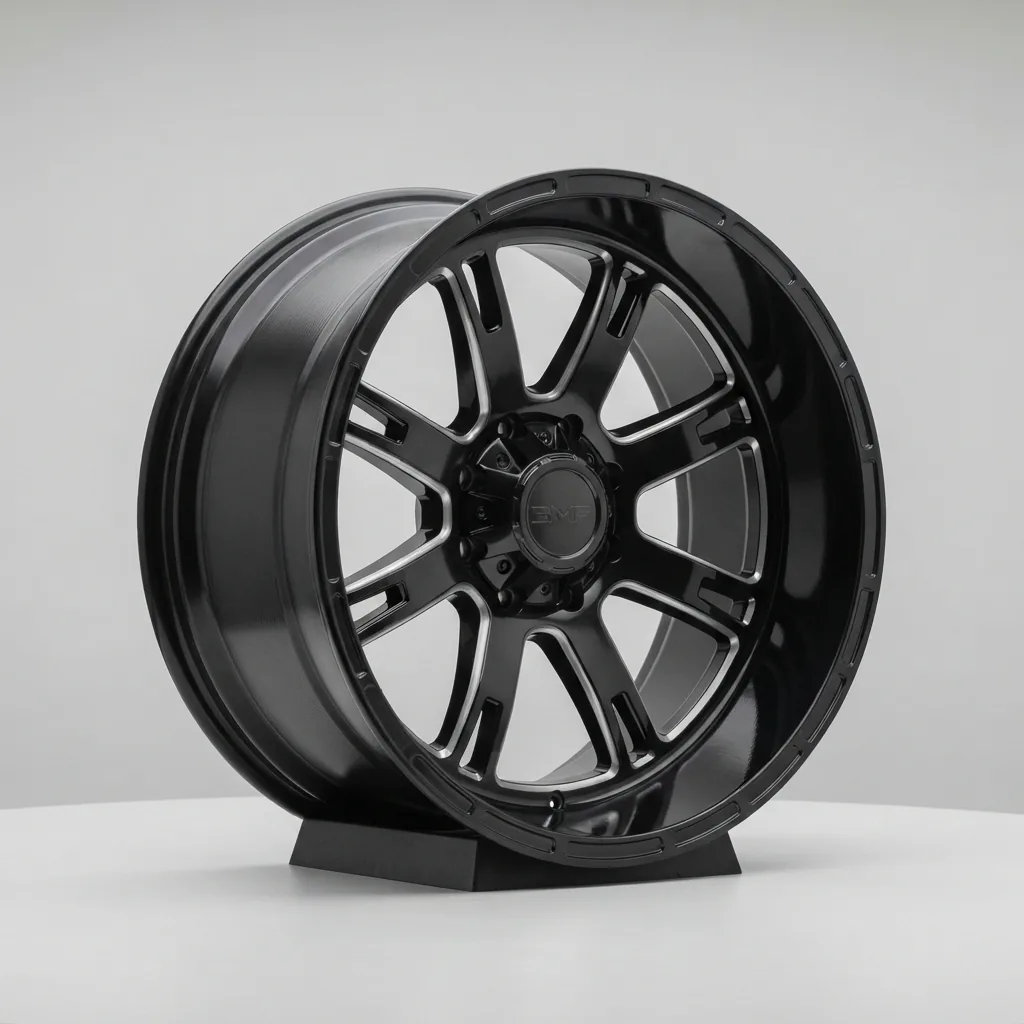 The BMF SABER 20x9 custom wheel, a clean five-spoke design with precision-cut windows and a deep black gloss finish, shown against a simple backdrop.