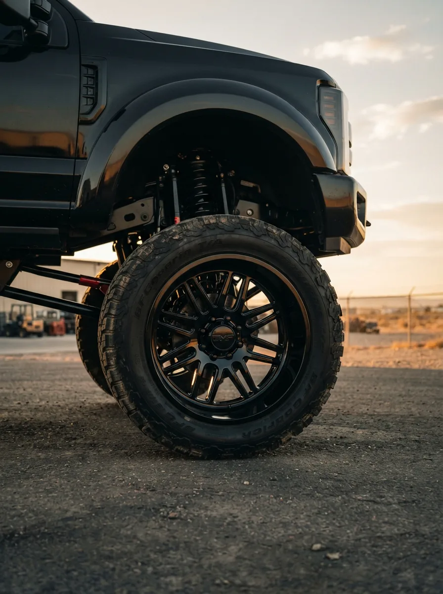 A close-up hero shot of multiple BMF center caps mounted on glossy black BMF wheels on a lifted truck.