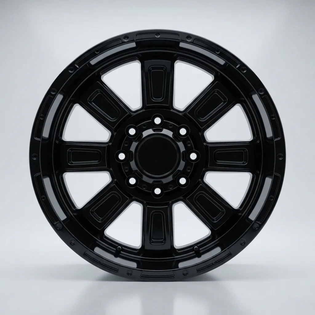 The BMF TERRAIN 22x10 custom wheel, featuring a bold, blocky spoke pattern and a high-gloss black finish over its aluminum construction.