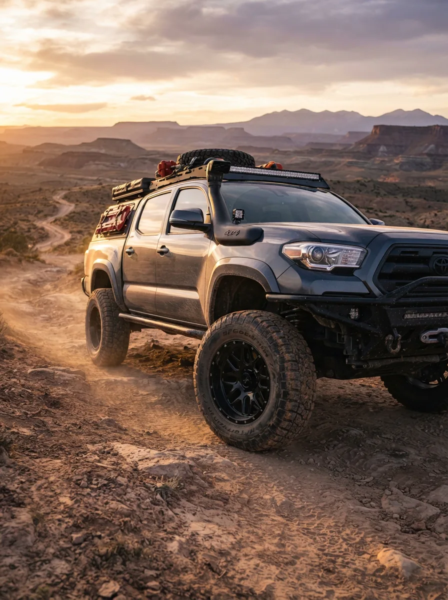 A lifted off-road truck fitted with BMF Novakane wheels, parked on a desert trail at sunset.