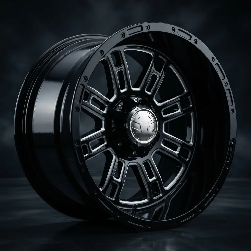 The BMF PAYBACK 20x10 custom wheel, featuring an 8-spoke design with milled pockets and a deep black gloss finish, shown on a dark background.
