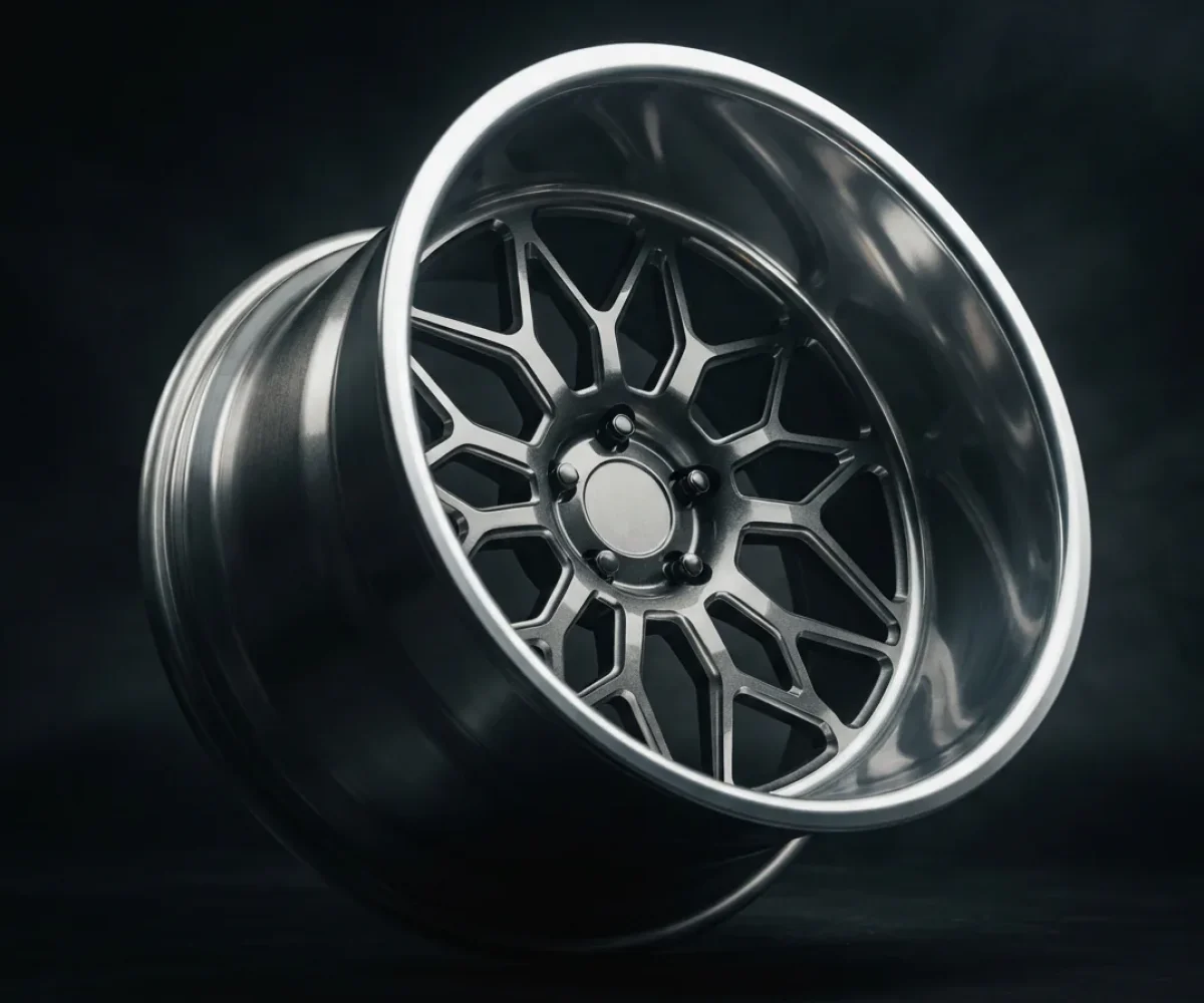 The BMF VENOM 24x14 custom wheel, featured prominently, showcasing its extreme deep-dish, mirror-polished lip, and intricate web-like spoke design against a dark backdrop.