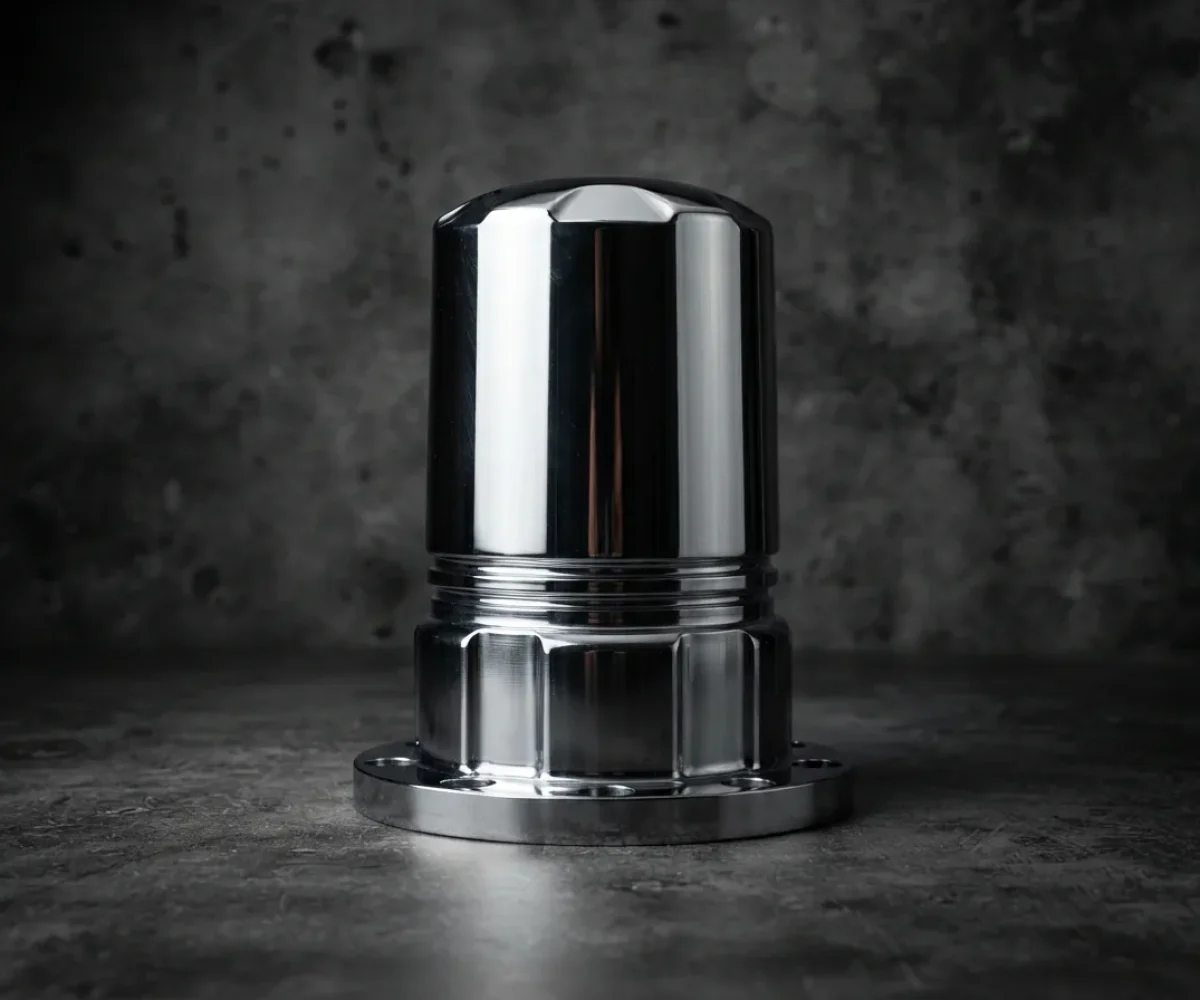 Featured product image of the BMF Wheels Chrome Tall Center Cap for 8 Lug wheels on a dark, dramatic background.