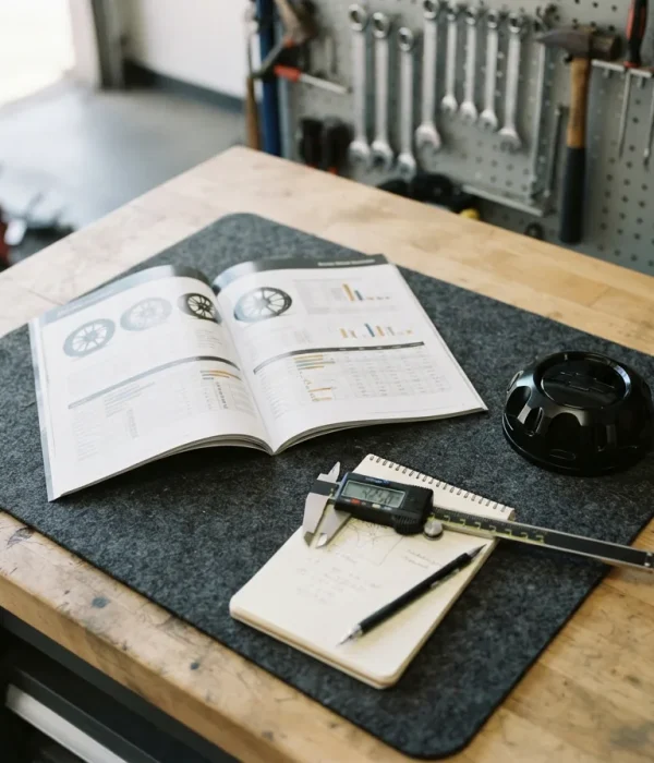 A stack of BMF Wheels brochures and spec sheets on a desk, with a BMF center cap and a caliper tool nearby, suggesting a planning and measurement scene.